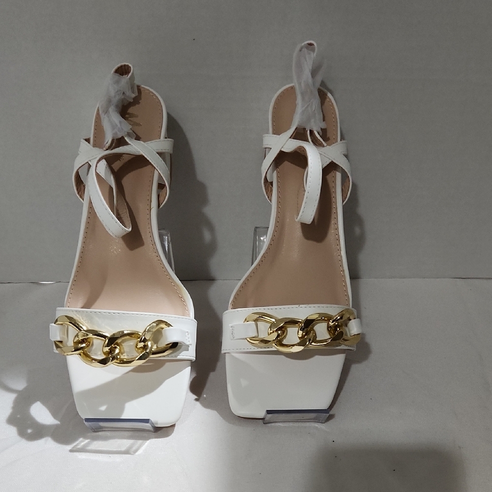 Mixx Shuz White Heels with Gold Chain Detail